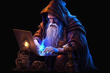 old fictional wizard using a laptop computer - obrazy, fototapety, plakaty
