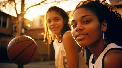 Friendship concept. Two teenage girls posing with basketball ball in the street