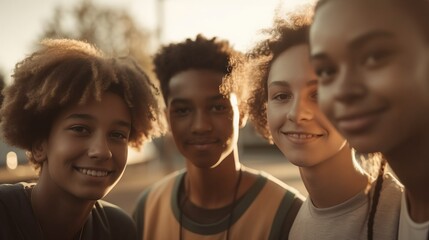Group of four teenage friends looking friendly at the camera