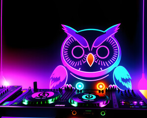 owl character from neon lines at the dj console. generative ai