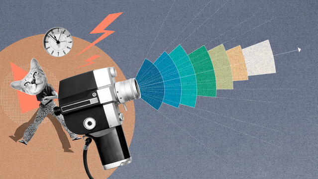 Antique 8mm movie camera and diagrams showing the focal lengths of different types of lenses by color. Story telling concept in film industry. Abstract art collage.