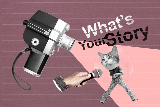 what's your story-text title.Interview catwoman by microphone and vintage camera film. storytelling concept in film industry or digital media marketing. Abstract art collage.