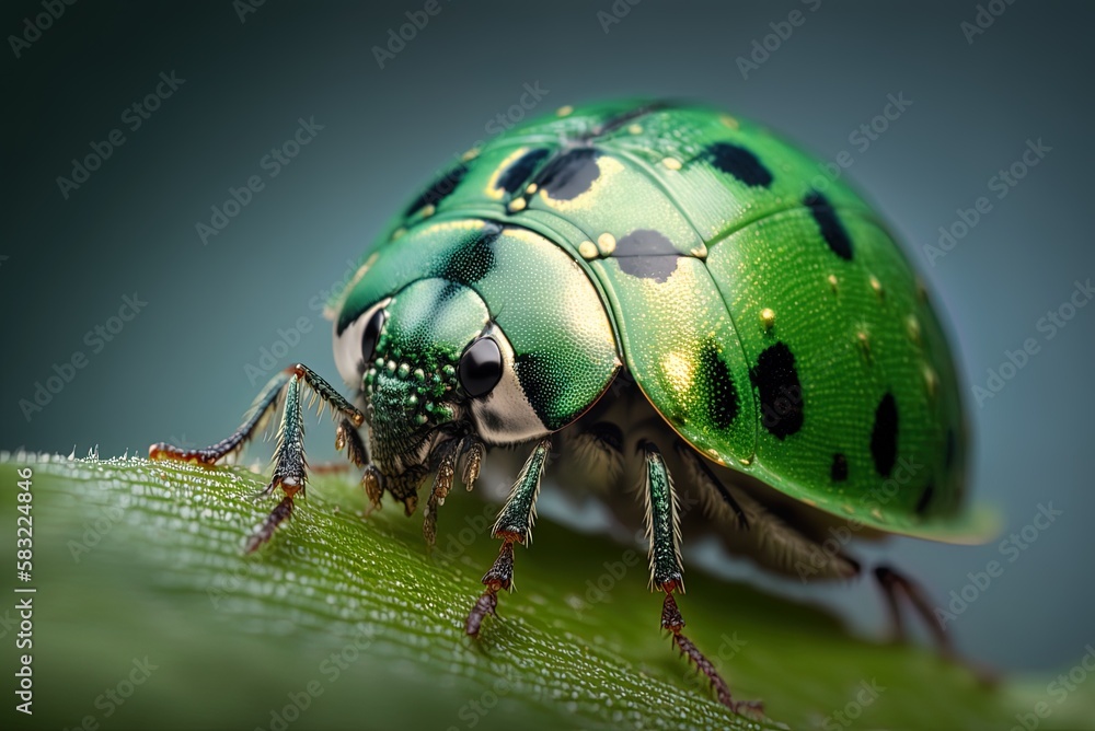 Poster image of a ladybug in macro on a green leaf generative ai