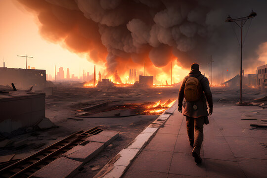 man walks through a destroyed burning city back view. generative ai