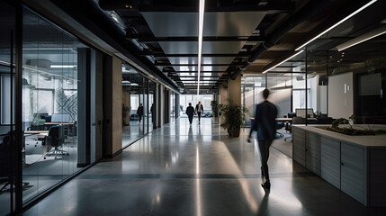 Modern Moody Office Hallway, People Walking
