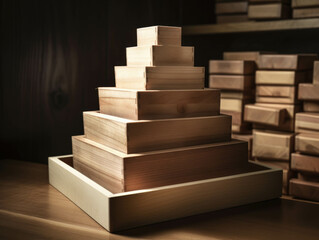 A stack of wooden boxes arranged in a pyramid formation emphasizing the importance of planning and organization in maximizing productivity.. AI generation.