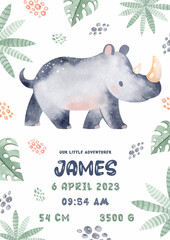 Naklejka premium Set of baby shower invitations with cartoon animals, elephants, giraffes, rhinos, cartoon plants on white background. This is a boy. It's a girl. Watercolor illustration.