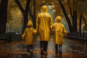 Family in a yellow raincoats walking in beautiful park. Wet rainy weather. Generative AI