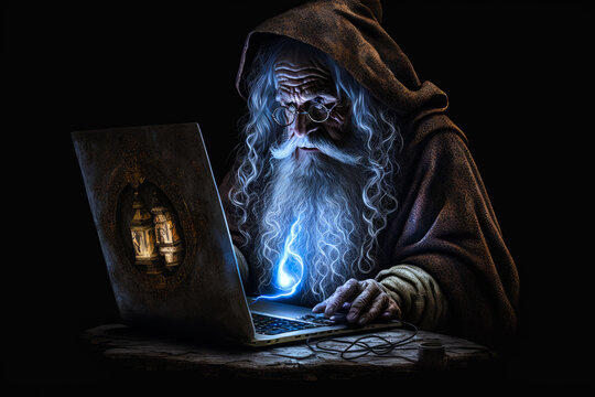 old fictional wizard using a laptop computer