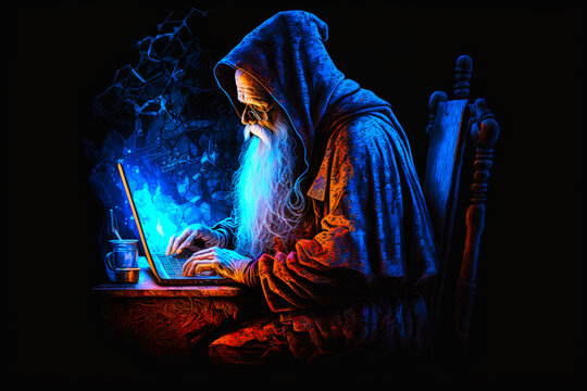 old fictional wizard using a laptop computer
