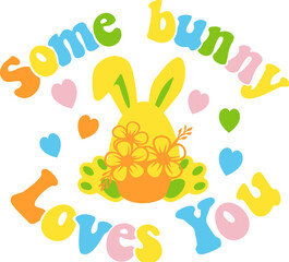 Fototapeta premium Easter Quote with bunny in Groovy style, Kids invitation cards, baby fashion