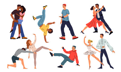 Dancing couples. Performing characters. Men and women in stage costumes. Modern sport dances. Ballroom choreography. Ballet and tango dancers. Club entertainment. Garish vector set