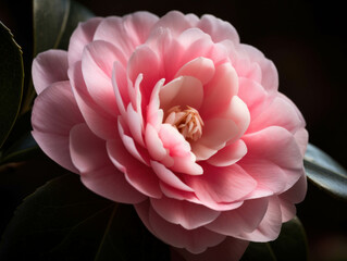 A majestic closeup of a delicate pink camellia its soft beauty emanating ace and elegance. Trendy color of 2023 Viva Magenta.. AI generation.