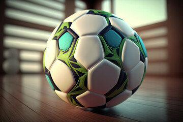 Fototapeta na wymiar 3D rendering of soccer ball on blurred background. Football banner soccer ball. Playing football. 3D realistic illustration. Based on Generative AI