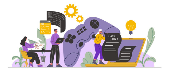 Game developers. Designers and screenwriters. Programmers working on digital product. Professionals create gaming characters and play script. People coding PC software. Vector concept