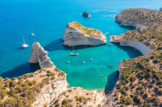 Panoramic view of Kleftiko Bay, Milos island, Cyclades, Greece