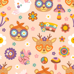seamless pattern with retro funny animals and elements