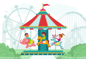 Happy children in amusement park. Happy kids on round carousel. Different animals. Roundabout elephant. Funny deer and horse. Boys or girls ride merry-go-round. Splendid vector concept