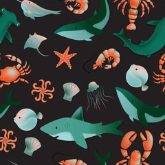 Seamless pattern Fish and wild marine animals on black background. Inhabitants of the sea world, cute, funny underwater creatures shark, ocean crabs, sea turtle, shrimp. Flat modern illustration