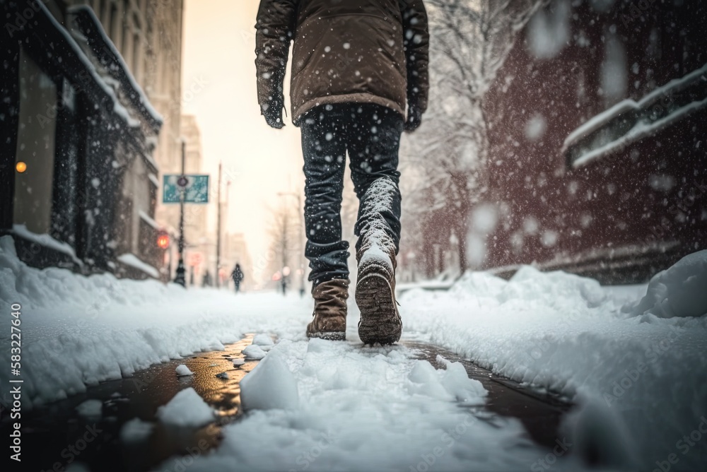 Poster the camera follows a person as they make their way beneath the snow on a snow-covered pavement. gene