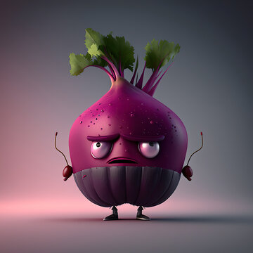 3D cute beet cartoon character. 3D rendering funny kawaii beetroot illustration. 3D realistic illustration. Based on Generative AI