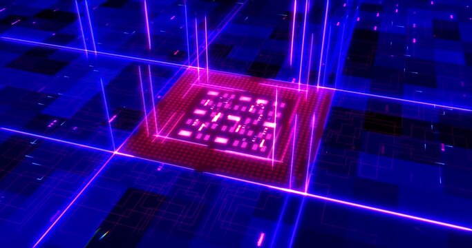 Artificial Intelligence Circuit Board. CPU Transmitting Glowing High Speed Data. Computer And Technology Related 4K 3D CG Animation.