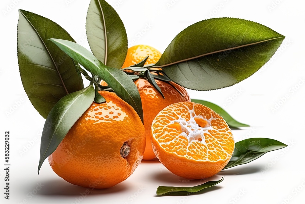 Poster mandarin oranges on a white backdrop with a single leaf generative ai