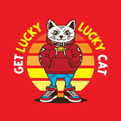 Lucky Cat Mascot Character Design in Street Wear Outfit