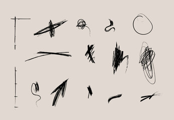 Scribble doodle abstract grunge brush stroke elements for scrapbooking, collage, handdrawn set collection wavy comic art scratch mark trendy drawing.