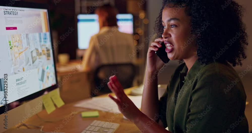 Poster phone call, computer and night with woman in office for networking, communication and commitment. di