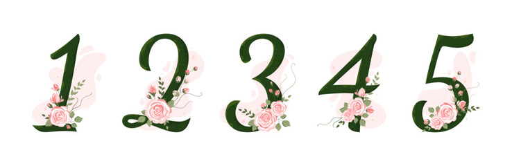Collection numbers from 0 to 5 decorated with roses, leaves, branches. For the first year of a baby's life, wedding invitations and birthday cards. Baby milestone
