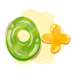 Kids age limits sign. 0+ . Colourful number, abstract shapes, splashes. Age restriction, isolated vector illustration for movies, games, toys, app. Cartoon style stickers.