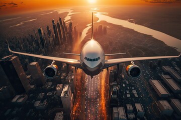 Fototapeta premium Airplane flying over a city at sunset. Illuminated streets and skyscrapers underneath. Generative AI