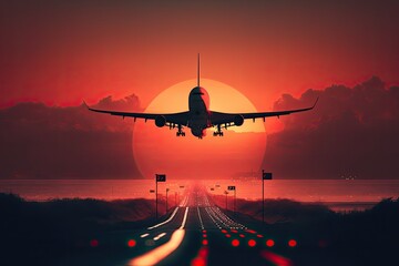 Airplane taking off at sunset. Illustration. Generative AI