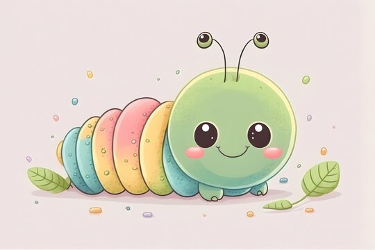 Wallpaper Illustration and background of adorable caterpillar, cute insect character, funny cartoon for kids and children. Front view. Concept of cartoon. Generative AI.