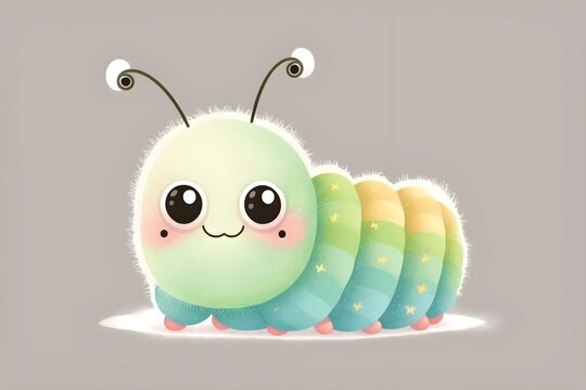 Wallpaper Illustration and background of adorable caterpillar, cute insect character, funny cartoon for kids and children. Front view. Concept of cartoon. Generative AI.