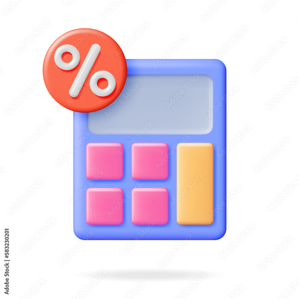 Poster 3d modern calculator with percentage sign. mathematics icon. addition, subtraction, multiplication a