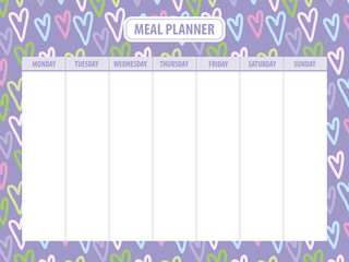 Weekly meal planner blank template with colorful heart background