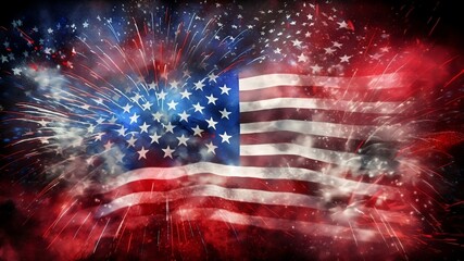 American Flag with Fireworks bursting through and around it. American Pride. Red, White and Blue. Stars and Stripes. Generative AI.
