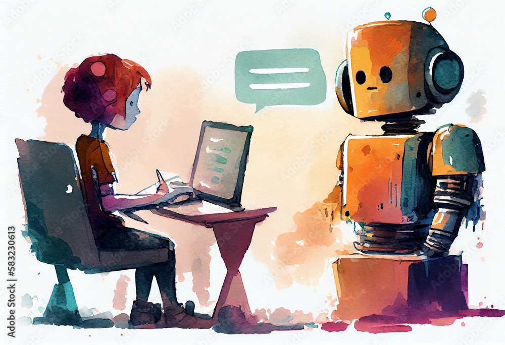 Aufkleber watercolor illustration of a ai chatbots working and chatting in computer. generative ai