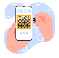 Online chess game or tournament on your smartphone. Players hands holding phone. Web competition. Chessboard with rook and pawn pieces. Competitive strategy challenge. Vector concept