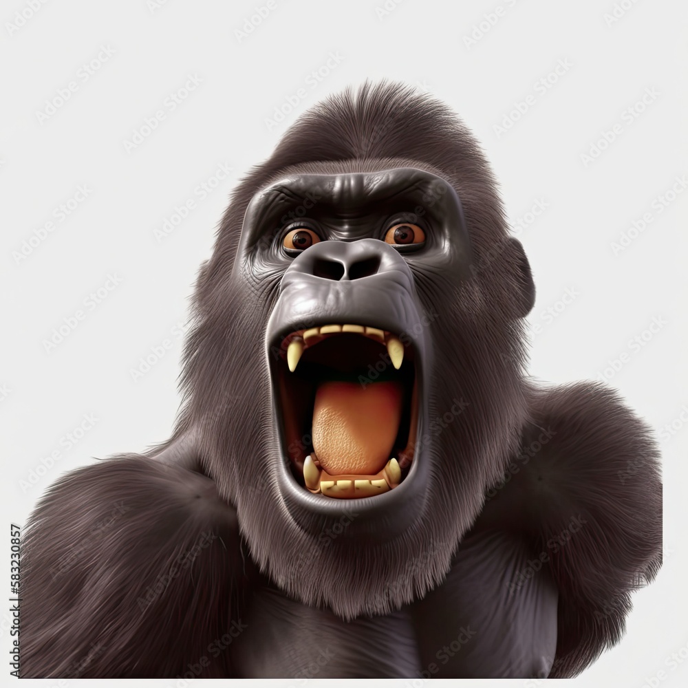 Poster gorilla yelling facial expression on blank background generative ai