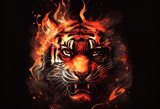 Watercolor Illustration of a Black And Orange Tiger With Flames On Its Face. Generative AI
