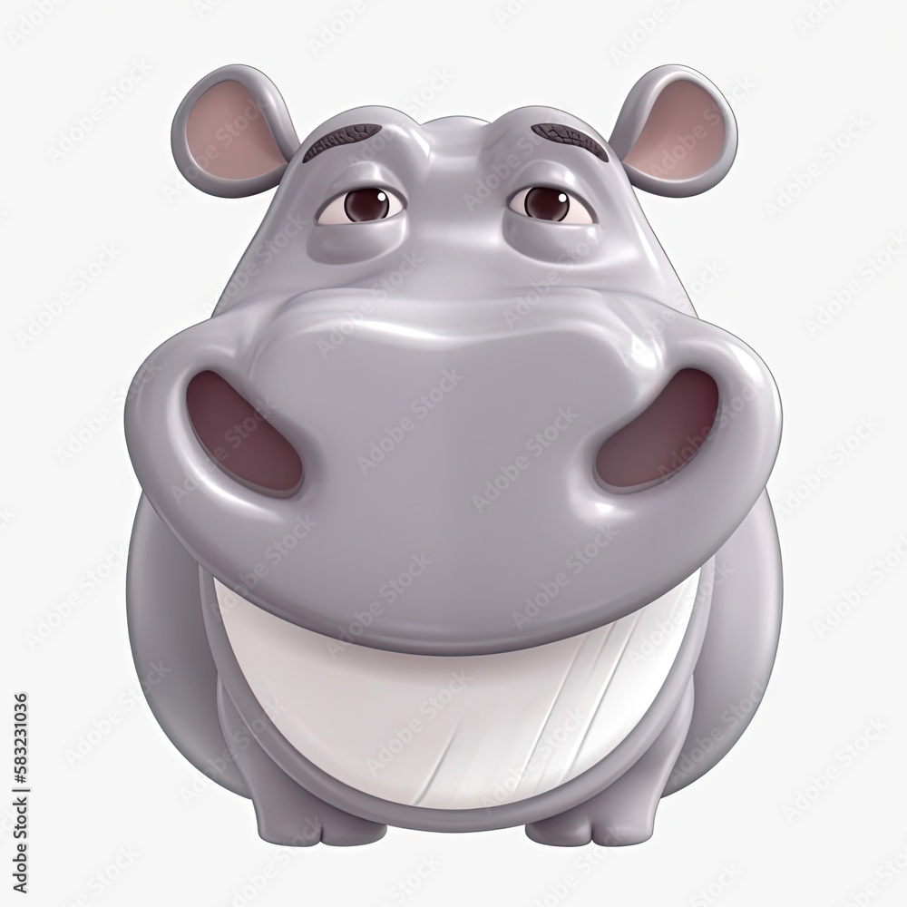 Poster hippo big grin facial expression on blank background generative ai