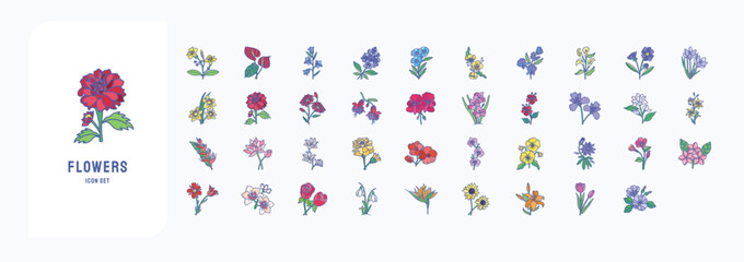 Fototapeta na wymiar Flowers icon set, including icons like Fuchsia, Daisy, Sunflower and more 