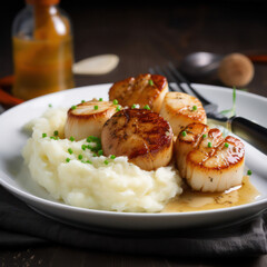 Scallops with mashed potatoes on a ceramic plate. generative AI