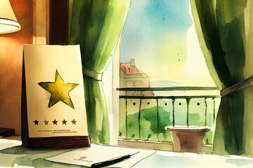 Watercolor Illustration of a Five Star Rating With Copyspace, In Background A Blurry Luxury, Hotel Room. Generative AI