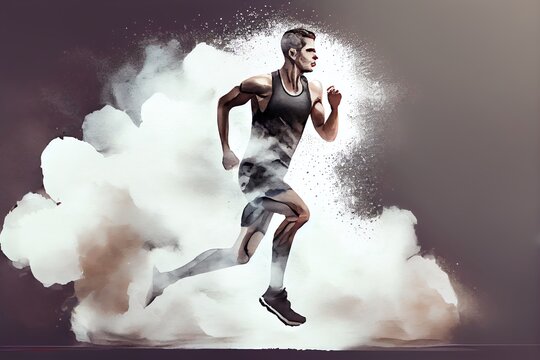 Watercolor Illustration of a Full Body Length Shot Of Professional Runner Over Dark Background With Powder Cloud. Illustration Banner With Copy Space For Advertisement. Generative AI