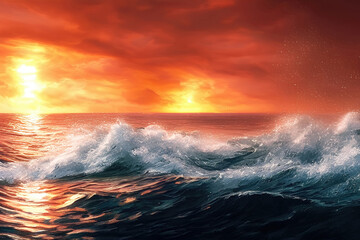 Fototapeta premium Seascape with rough sea and big waves at sunset. Generative Ai.