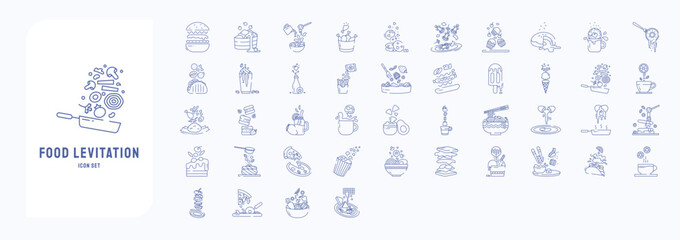 Food levitation icons, including icons like burger, cake, Donut, Noodle and more
